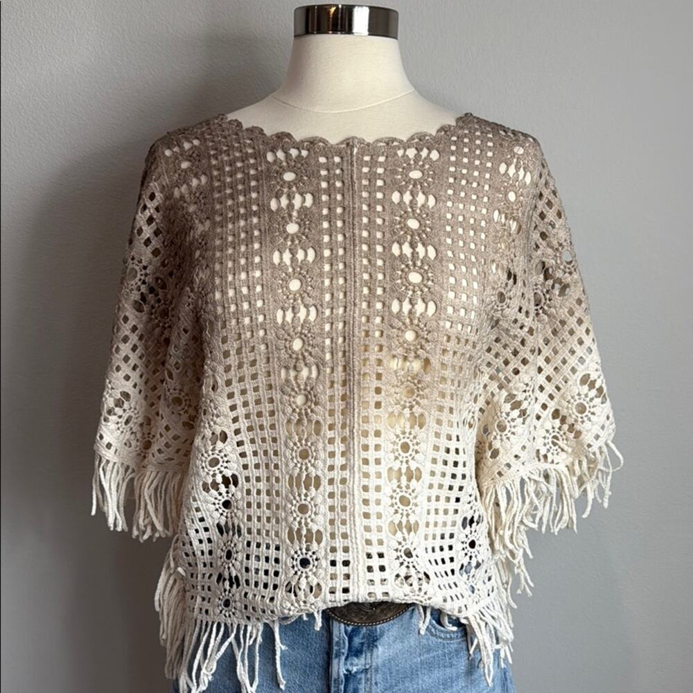 Haute Hippie Tan/Cream Ombre Crochet Poncho One Size